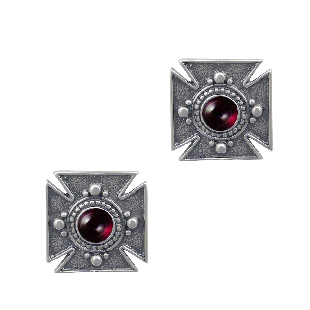 Sterling Silver Small Iron Cross Post Stud Earrings With Garnet